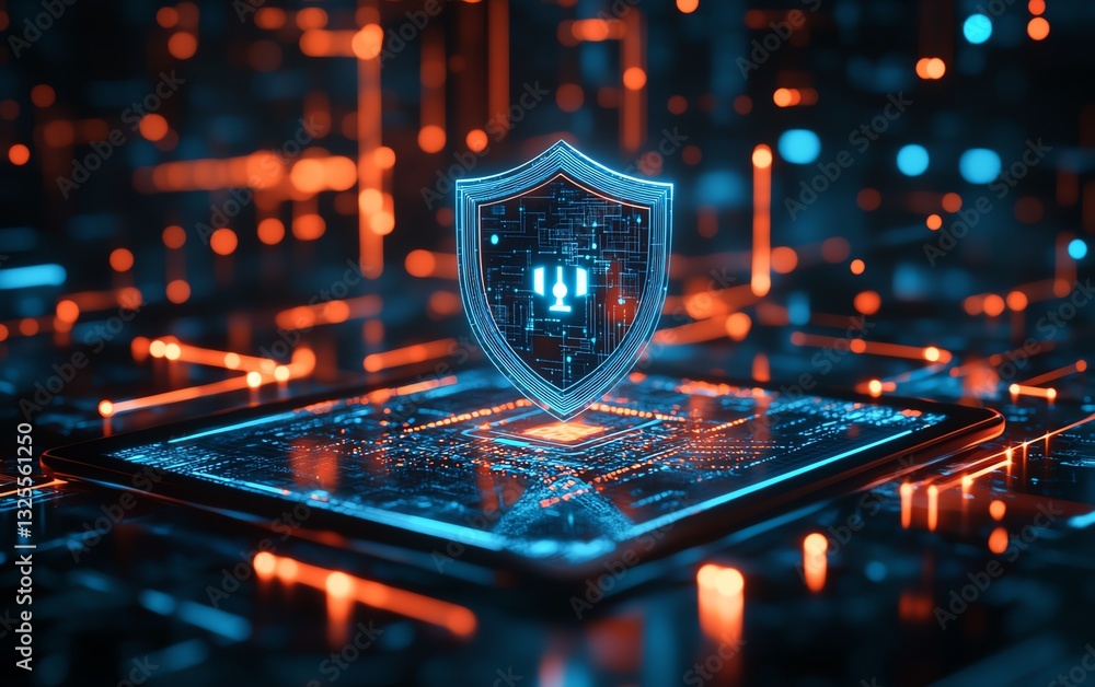 Leinwandbilder 3d rendering of holographic shield icon hovering above a tablet, digital network connections in the 