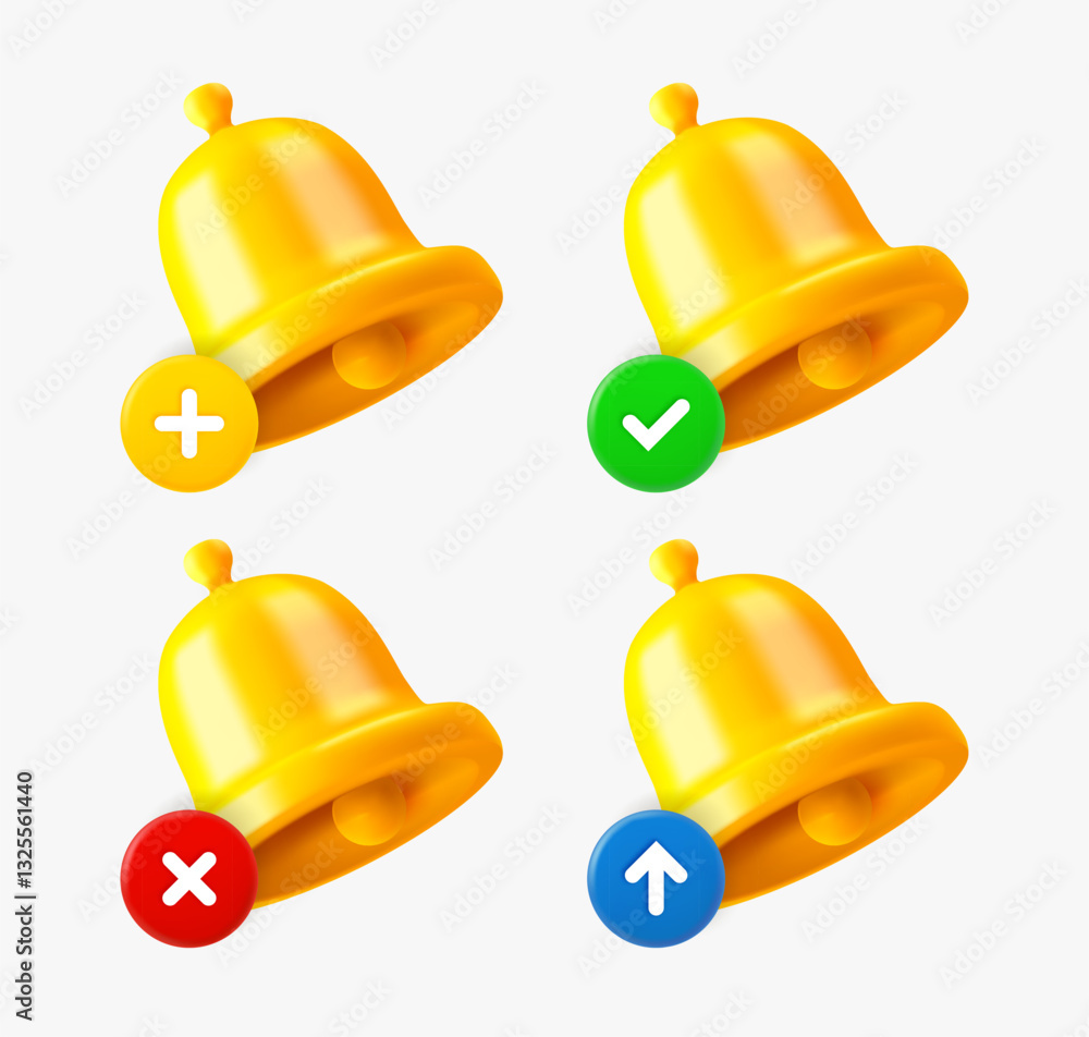 Aufkleber bell icon set with different pictograms. 3d vector icons collection