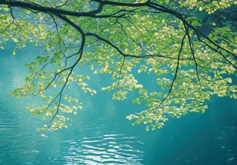 Tranquil Green Leaves Over Serene Blue Water with Gentle Ripples and Soft Light Filtering Through a Peaceful Natural Environment