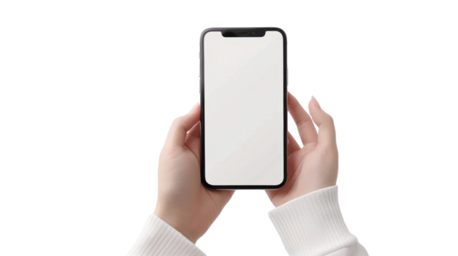 Woman holding smartphone with white screen on transparent background