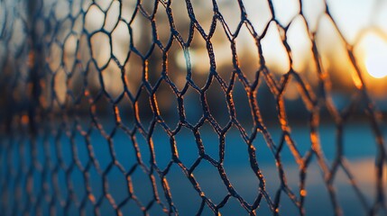 Close Up of Hexagonal Wire Mesh at Sunset with Blurred Background