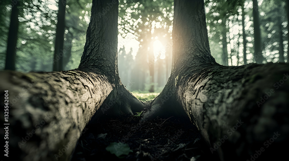 Poster two large trees frame a bright sunlit view in forest