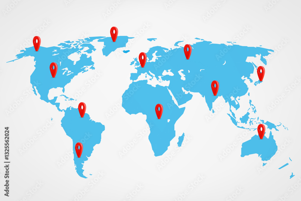 Poster world map with red pins. 3d vector illustration