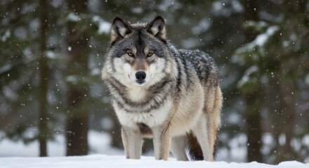 Fototapeta premium Majestic Wolf Standing in a Winter Forest Amid Snowfall