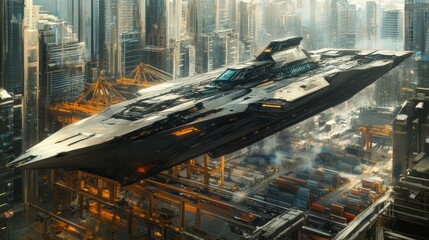 Futuristic spaceship hovering over a bustling city, amidst industrial structures