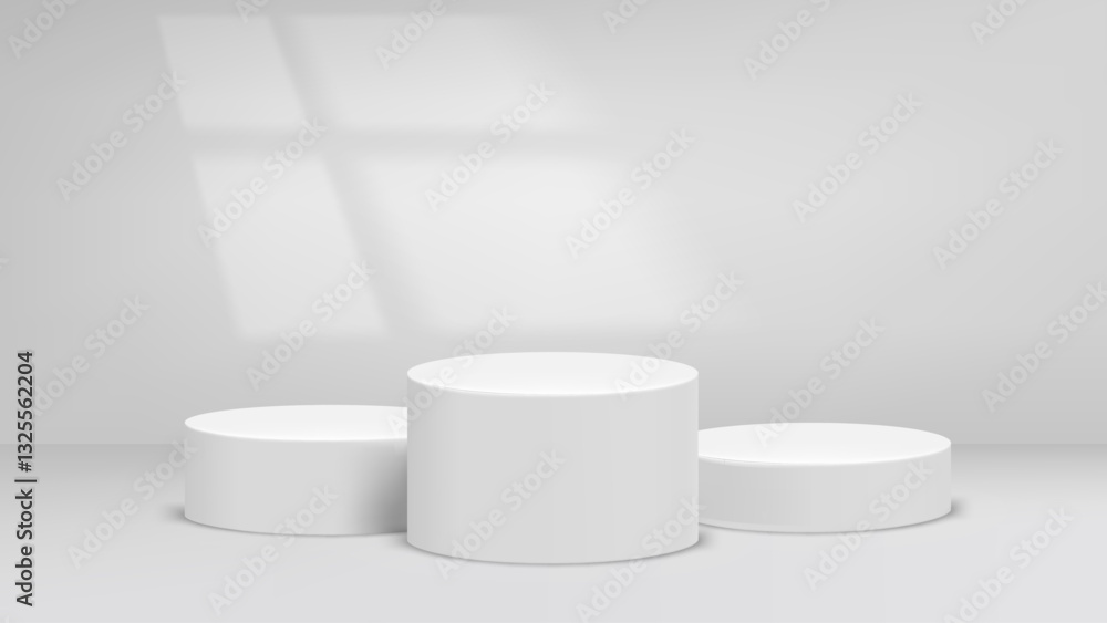 Poster Empty bright studio with window light and podium. 3d vector background for product design
