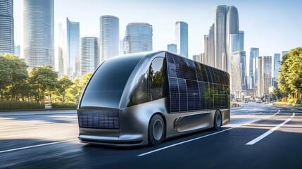 Futuristic electric bus on city street