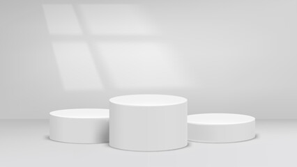 Empty bright studio with window light and podium. 3d vector background for product design