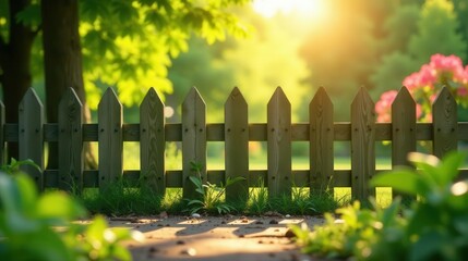 Wooden picket fence in a sunlit garden scene with vibrant green grass and blooming flowers