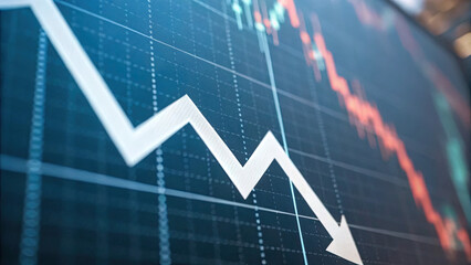 Close-up of a downward arrow graph on a digital screen symbolizing financial loss, with stock charts in the background, representing economic decline and market downturn.