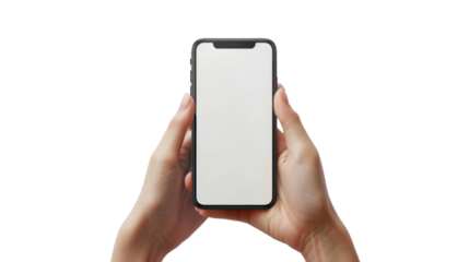 Woman holding smartphone with white screen on transparent background