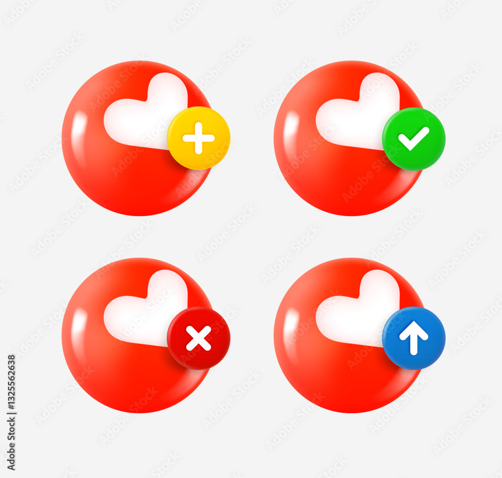 Poster love icon set with different pictograms. 3d vector icons collection