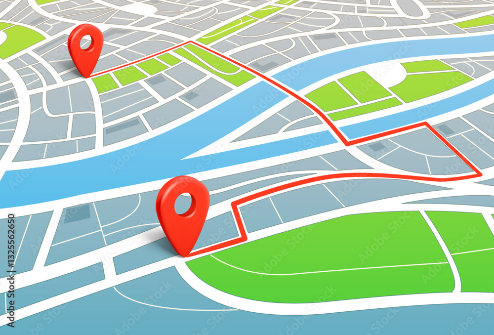 Poster Abstract city map with red pins. Find the way concept. 3d vector illustration