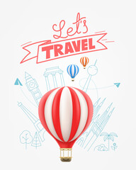 Air balloon with world buildings and logo. Air travel concept. 3d vector illustration