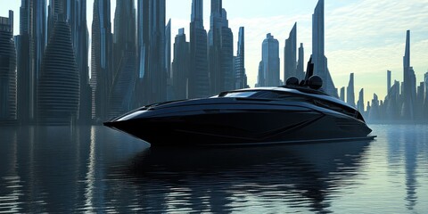 Futuristic yacht in a cityscape