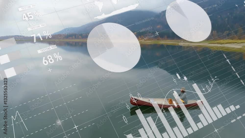 Aufkleber canoeist on calm lake with financial data and graphs animation overlay