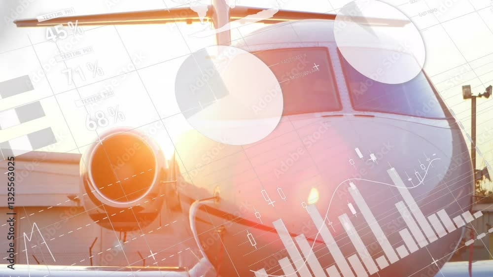 Poster airplane with financial data processing animation overlaying cockpit and engines