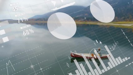 Canoeist on calm lake with financial data and graphs animation overlay - Powered by Adobe