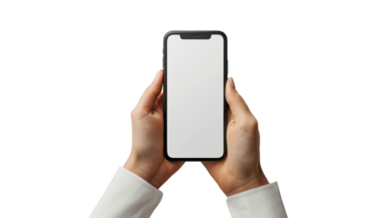Businesswoman holding smartphone with white screen on transparent background