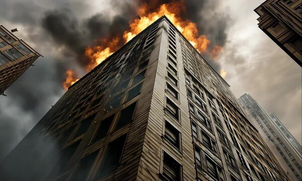 Building on Fire, in the Middle of the City, with Thick Smoke Billows