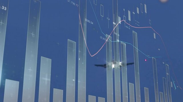 Flying airplane silhouette over animated financial graphs and data visualization