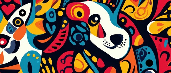 Naklejka premium Abstract tribalstyle dogs in bright hues, seamless vector background with a bold design