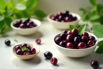 A Delightful Arrangement of Fresh, Juicy Dark-Colored Berries in Small White Bowls, Adorned with Vibrant Green Leaves for a Visually Appealing Presentation