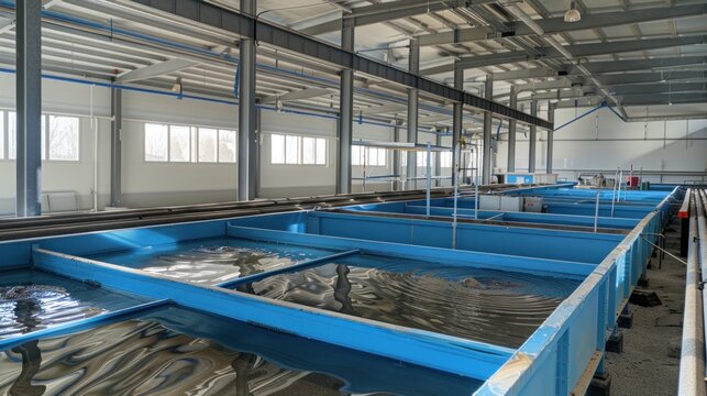 Here s a one sentence caption for the image A modern aquaculture facility houses numerous tanks filled with water ready for fish farming