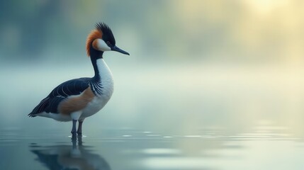 Fototapeta premium A graceful waterbird, with striking plumage and a crested head, stands serenely in the calm waters at dawn.