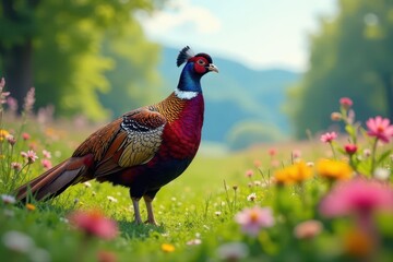 A Vibrant Ring-necked Pheasant Amidst a Meadow of Blossoming Flowers, Basking in the Gentle Sunlight of a Spring Day