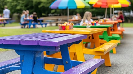 Vibrant Picnic Area with Colorful Tables in a Summer Setting