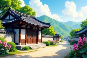 Fototapeta premium Serene Asian Village Pathway with Traditional Architecture and Lush Greenery Under a Sunny Sky