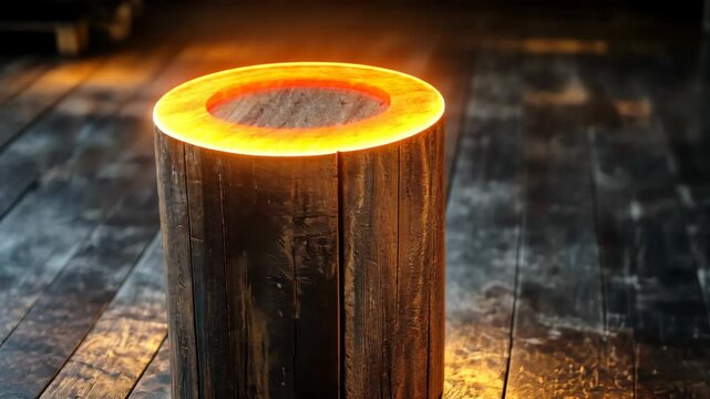 Glowing wooden stump emits warm light in dim room ambiance