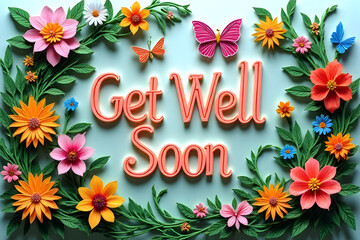 get well soon card with flowers and butterflies
