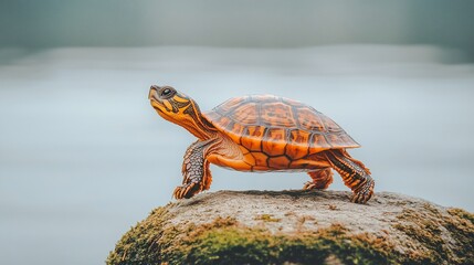Obraz premium Turtle climbing rock, river background, wildlife, nature