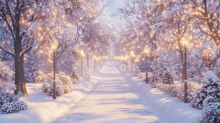 Snowy park path illuminated with lights in winter wonderland