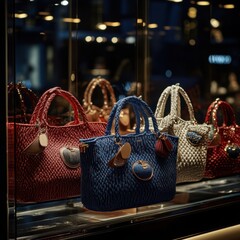 Luxury Handbags Display: A Showcase of Exquisite Woven Bags in Vibrant Colors