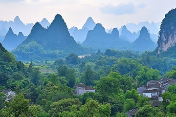 Obraz premium Lush valley with misty mountains.