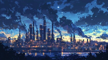 Fototapeta premium Night view of illuminated industrial complex emitting smoke under a twilight sky.