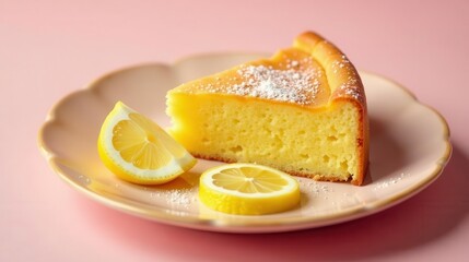 A slice of delightful lemon cake, delicately dusted with powdered sugar, served on a pastel plate alongside fresh lemon slices.