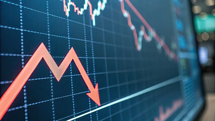 Close-up of a downward arrow graph on a digital screen symbolizing financial loss, with stock charts in the background, representing economic decline and market downturn.