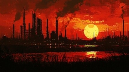 Fototapeta premium Red sunset over industrial landscape with pollution.