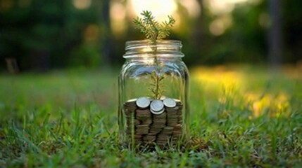 Sapling growing from coins in a glass jar on grass.