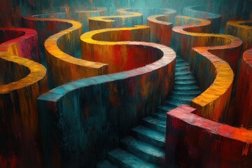 Fototapeta premium Vibrant abstract maze with winding paths and a staircase under moody lighting