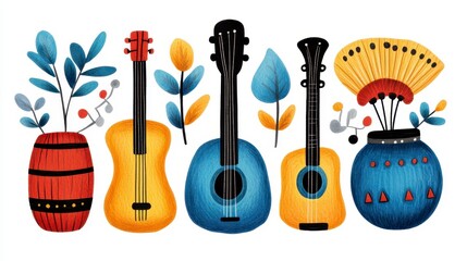 Obraz premium Colorful Hand-Drawn Musical Instruments and Decorative Plants