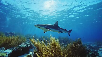 Obraz premium Shark Swimming Through Ocean Waters Over Coral Reef with Sunlit Surface