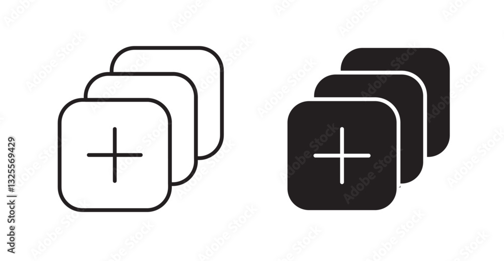 Poster add apps filled and outlined icons vectors on white background