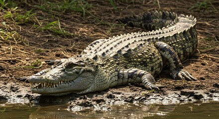 Obraz premium Large Crocodile Resting on Muddy Riverbank Under Golden Sunlight