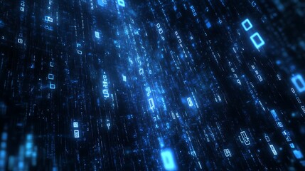 Digital rain of glowing blue symbols cascading across a dark background