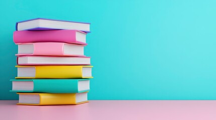 Colorful Stack of Books on Pink and Blue Background for Education